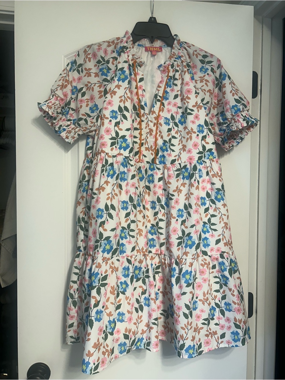 THML White Floral Tiered Dress with Blue & Pink Blooms